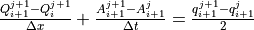 \frac{Q_{i+1}^{j+1}-Q_i^{j+1}}{\Delta x}+\frac{A_{i+1}^{j+1}-A_{i+1}^j}{\Delta t}=\frac{q_{i+1}^{j+1}-q_{i+1}^j}{2}